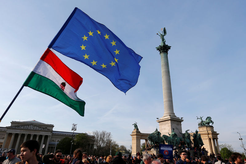 © Reuters. People wave Hungarian and European Union flags as they protest in Heroes’ square against a new law that would undermine Central European University in Budapest