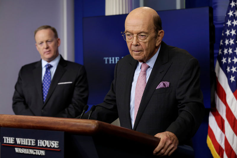 © Reuters. Commerce Secretary Wilbur Ross speaks next to Press Secretary Sean Spicer at the White House in Washington