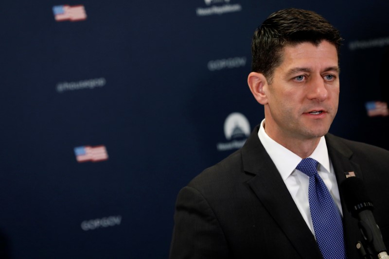 © Reuters. House Speaker Paul Ryan (R-WI) speaks with the media following a conference meeting on Capitol Hill