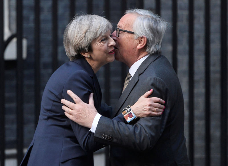 © Reuters. Britain's Prime Minister Theresa May welcomes Head of the European Commission, President Juncker to Downing Street in London