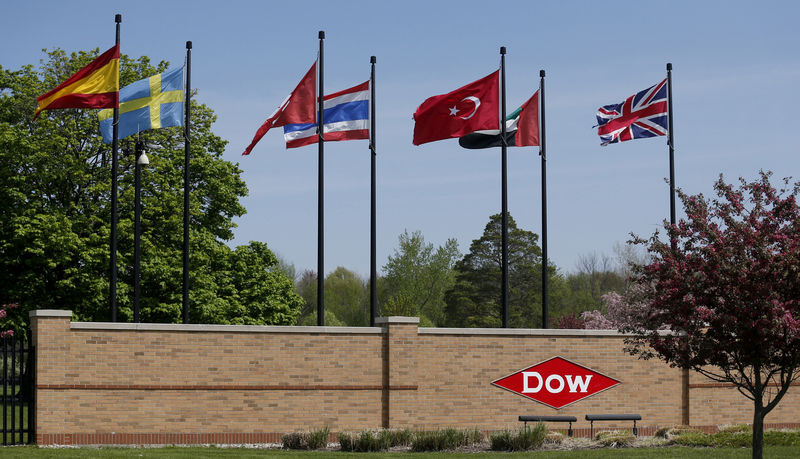 © Reuters. FILE PHOTO: The Dow logo is seen at the entrance to Dow Chemical headquarters at the East Patrick street entrance in Midland, Michigan