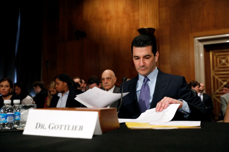 © Reuters. Dr. Scott Gottlieb testifies before a Senate Health Education Labor and Pension Committee confirmation hearing on his nomination to be commissioner of the Food and Drug Administration on Capitol Hill in Washington