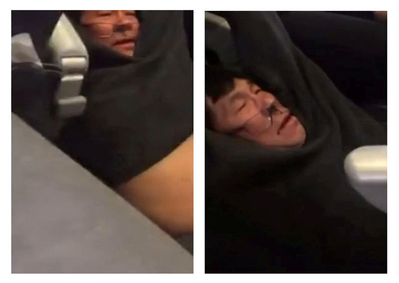 © Reuters. FILE PHOTO - A combination of video screengrabs shows passenger David Dao being dragged off a United Airlines flight at Chicago O'Hare International Airport in this video filmed by @JayseDavid