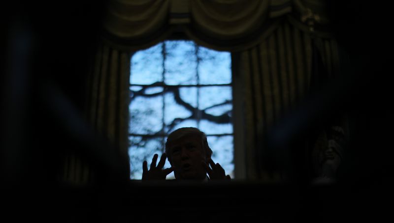 © Reuters. U.S. President Trump speaks during a Reuters interview in the Oval Office at the White House in Washington