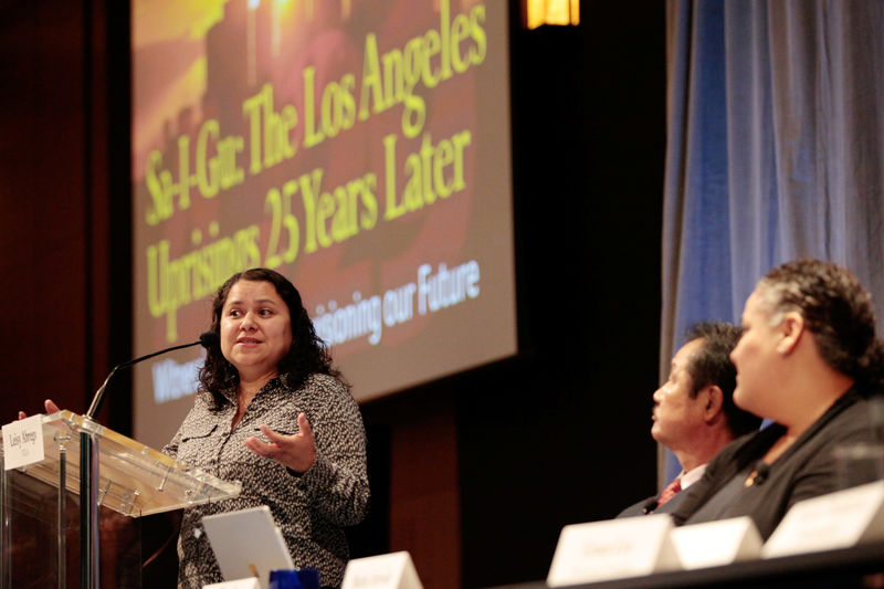© Reuters. Professor Leisy Abrego speaks during a panel discussion about the 1992 Los Angeles Riots 25th anniversary event at UCLA in Los Angeles