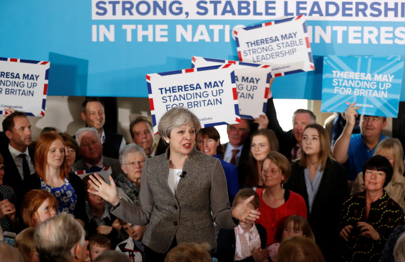 © Reuters. Britain's Prime Minister Theresa May speaks at an election campaign rally near Aberdeen in Scotland