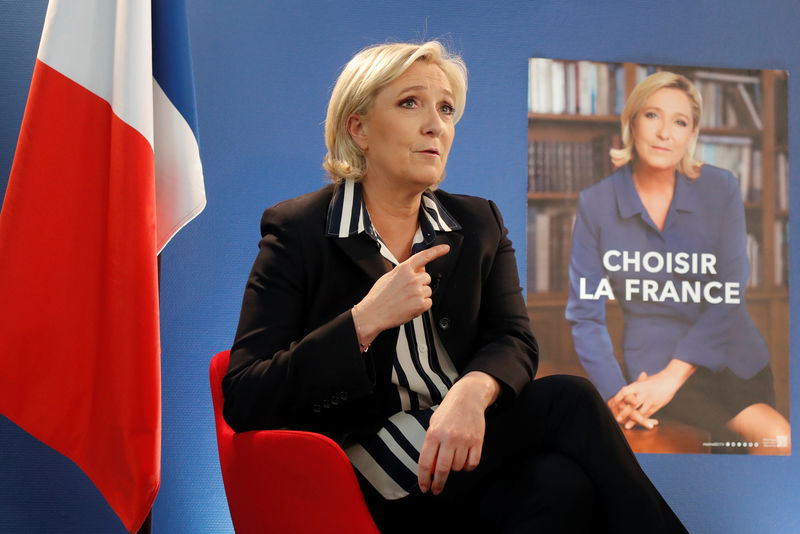 © Reuters. Marine Le Pen, French National Front (FN) candidate for 2017 presidential election, speaks during an interview with Reuters in Paris, France