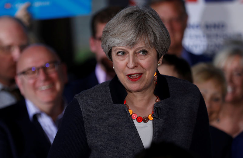 © Reuters. Britain's Prime Minister Theresa May speaks at a campaign event in Bristol