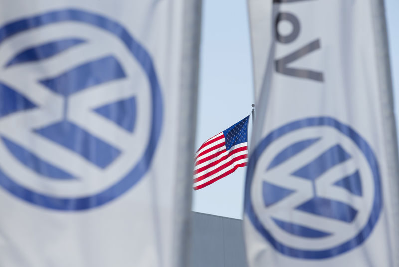 © Reuters. FILE PHOTO: An American flag flies next to a Volkswagen car dealership in San Diego, California