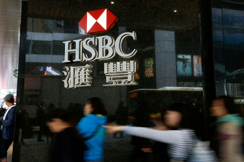 © Reuters. FILE PHOTO: People walk past a major branch of HSBC at the financial Central district in Hong Kong