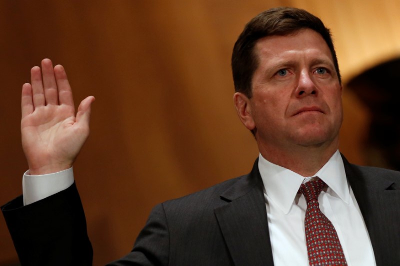 © Reuters. Clayton is sworn in to testify at a Senate Banking, Housing and Urban Affairs Committee hearing on his nomination of to be chairman of the Securities and Exchange Commission (SEC) on Capitol Hill in Washington