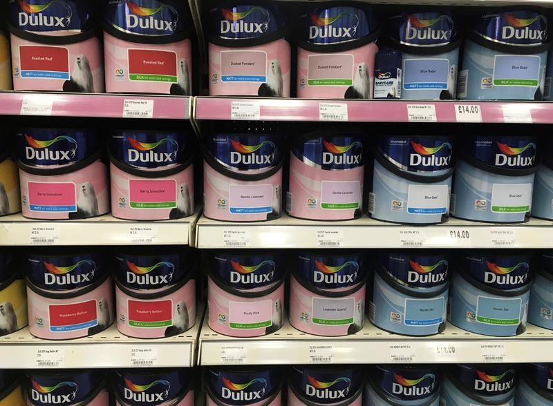 © Reuters. Cans of Dulux paint, an Akzo Nobel brand, are seen on the shelves of a hardware store near Manchester, Britain.