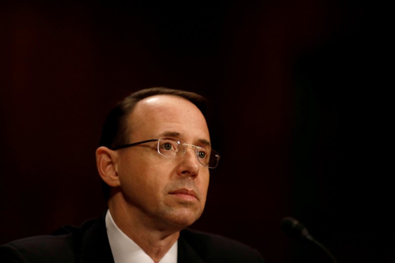 © Reuters. FILE PHOTO: Rod Rosenstein, nominee to be Deputy Attorney General, testifies before the Senate Judiciary Committee