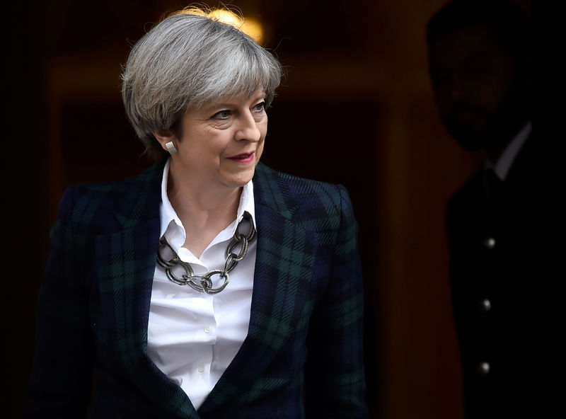 © Reuters. Britain's Prime Minister Theresa May greet NATO Secretary General Jens Stoltenberg (unseen) outside 10 Downing Street in London