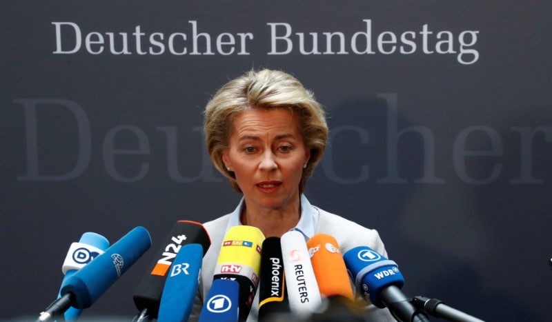 © Reuters. German Defence Minister von der Leyen gives a statement to the media prior she faces the defence commission of the lower house of parliament Bundestag in Berlin