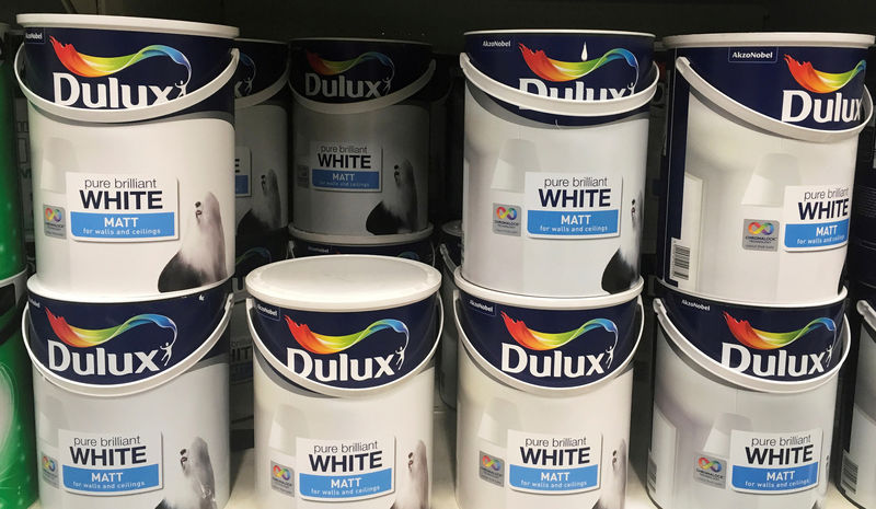 © Reuters. FILE PHOTO: Cans of Dulux paint, an Akzo Nobel brand, are seen on the shelves of a hardware store near Manchester, Britain.