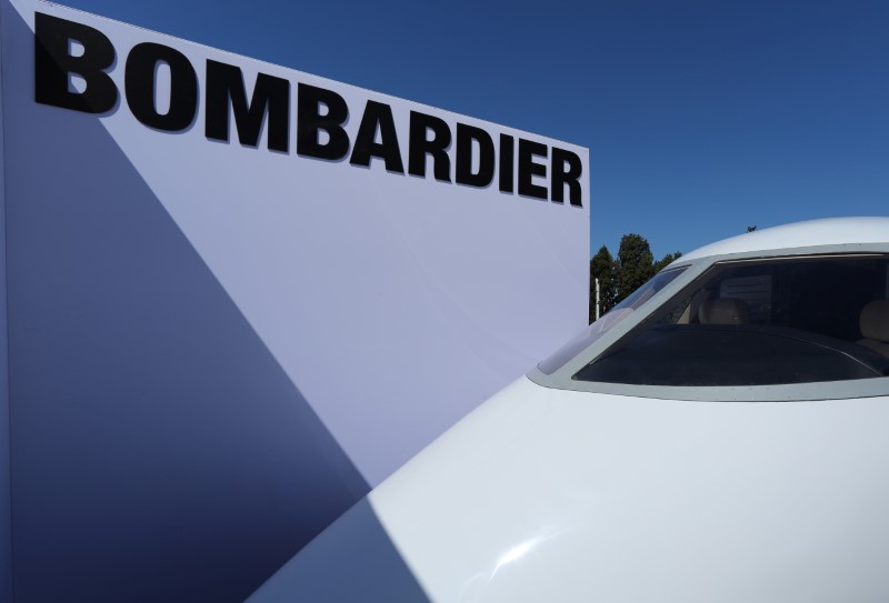 © Reuters. The fuselage of a Bombardier 350 Challenger jet is seen on display for attendees to view at the Milken Institute Global Conference in Beverly Hills