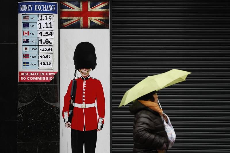 © Reuters. A pedestrian shelters under an umbrella as she walks past a money exchange sign in central London