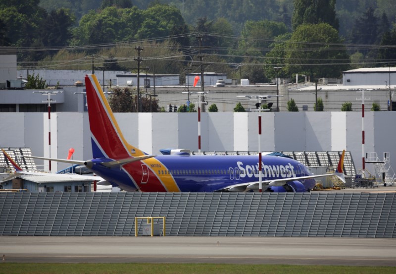 © Reuters. A new Boeing 737MAX sits parked on the tarmac at Boeing Field after coming off the production line in Seattle, Washington