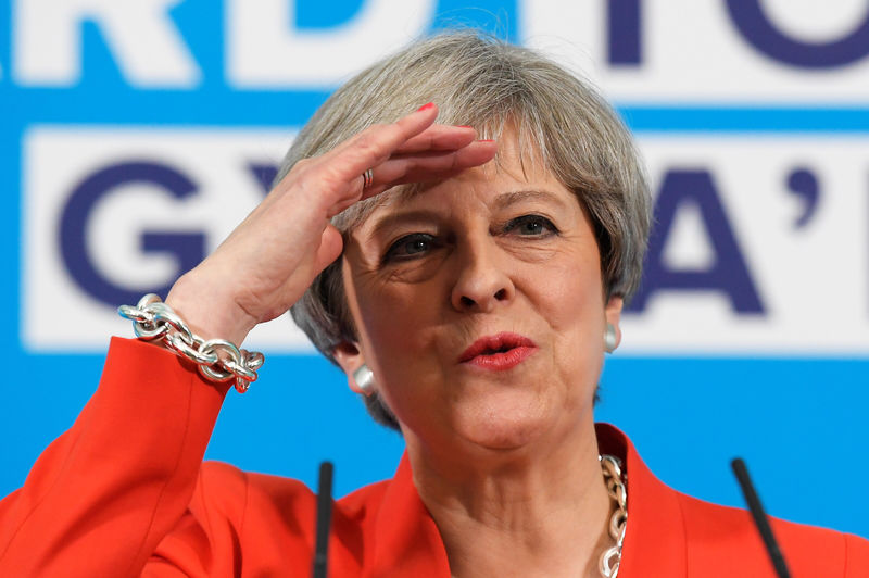 © Reuters. Britain's Prime Minister Theresa May speaks at an election campaign event in Wrexham, Wales