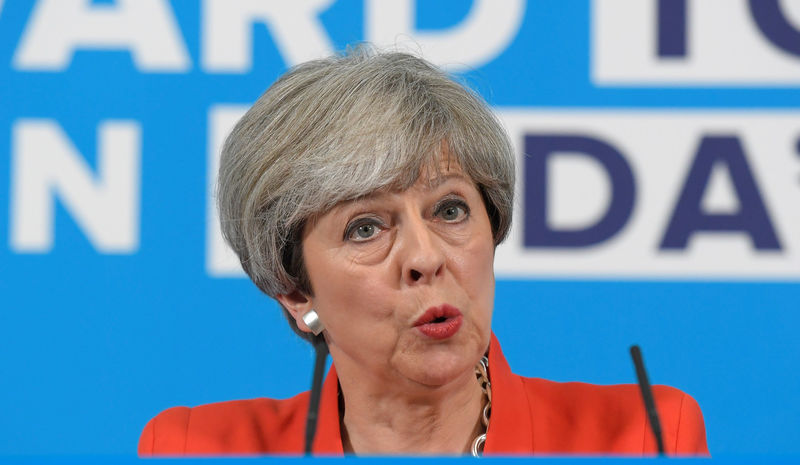 © Reuters. Britain's Prime Minister Theresa May speaks at an election campaign event in Wrexham, Wales