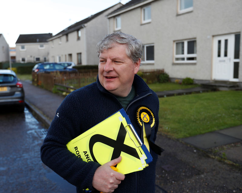 © Reuters. The SNP's deputy leader Angus Robertson campaigns in Elgin, Scotland
