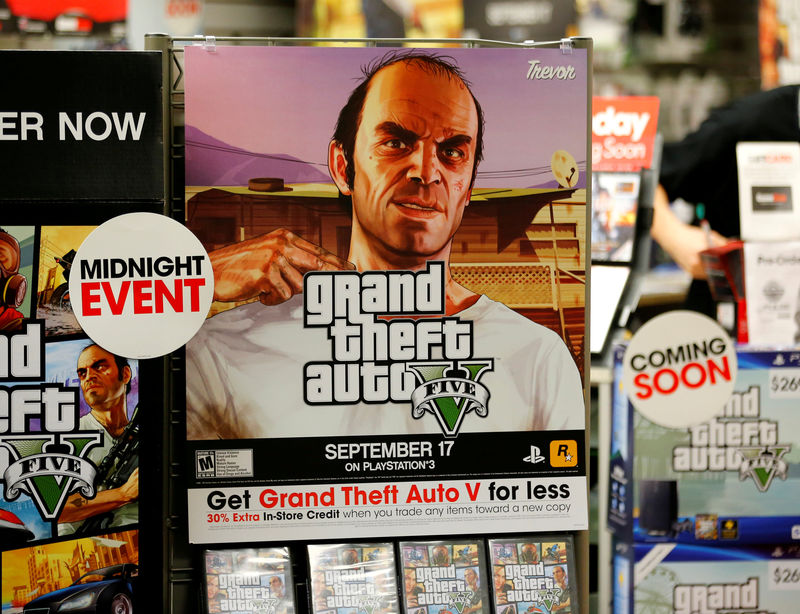 © Reuters. FILE PHOTO: A promotion for the computer game "Grand Theft Auto Five"  is shown in Encinitas, California