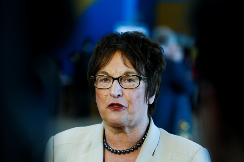 © Reuters. German Economy Minister Brigitte Zypries talks to reporters at the Belt and Road Forum in Beijing