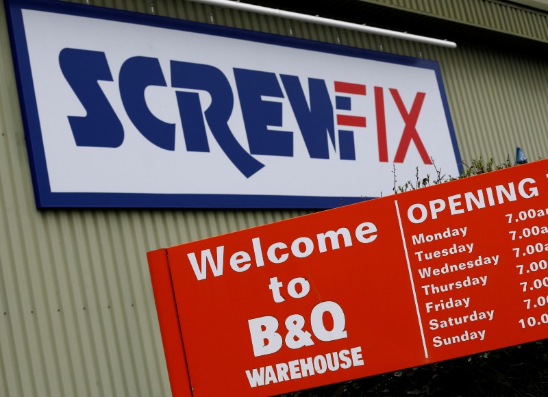 © Reuters. Signs outside the B&Q and Screwfix stores in Loughborough