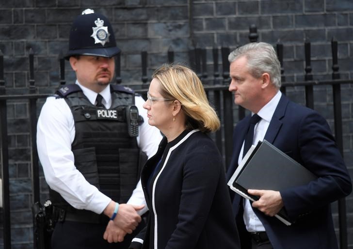 © Reuters. Britain's Home Secretary Amber Rudd arrives in Downing Street for an emergency cabinet meeting in London