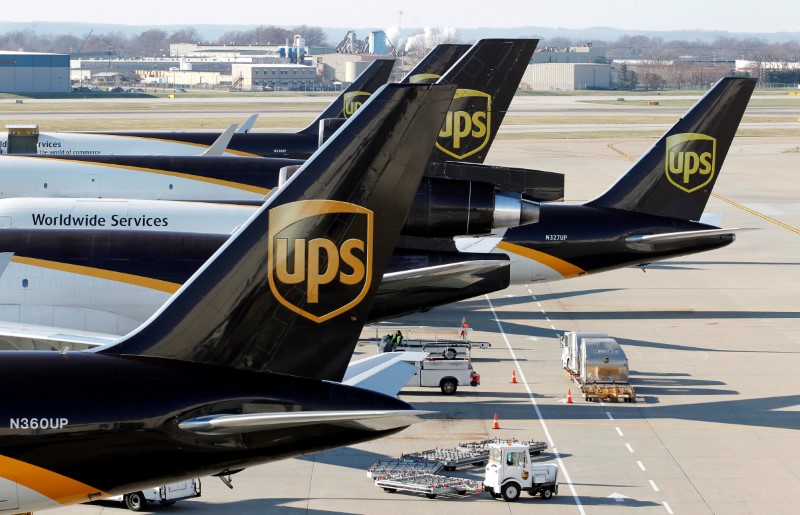 © Reuters. FILE PHOTO: United Parcel Service air craft are being loaded with air containers in Louisville