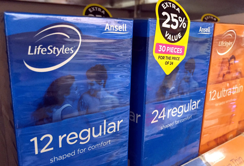 © Reuters. FILE PHOTO: Boxes of Ansell condoms are displayed for sale at a local pharmacy in Sydney, Australia