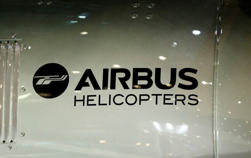 © Reuters. A logo of Airbus helicopters is pictured on their booth during EBACE in Geneva