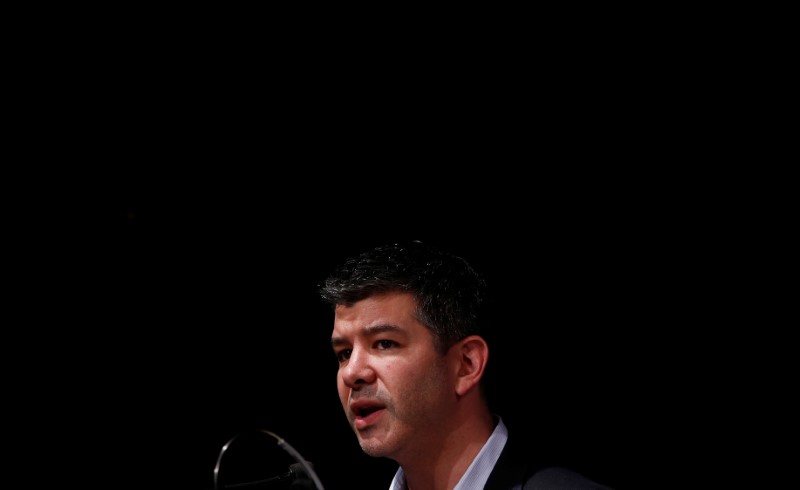 © Reuters. Uber CEO Kalanick, addresses a gathering at an event in New Delhi