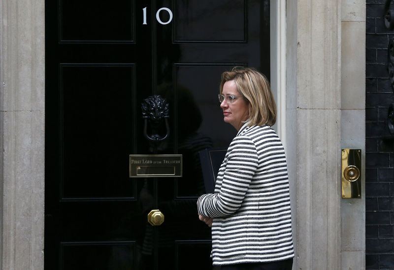 © Reuters. Britain's Home Secretary Amber Rudd waits for the door of 10 Downing Street to be opened for her, in London
