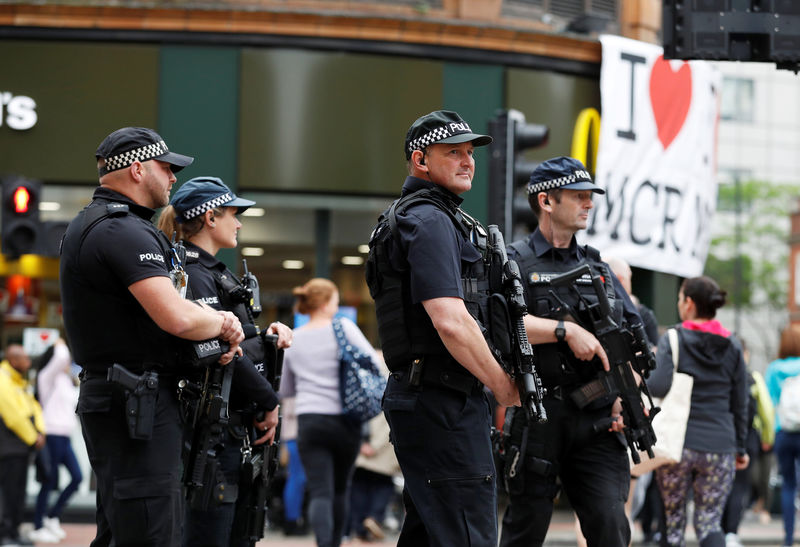 © Reuters. Armed police officers stand on duty in central Manchester