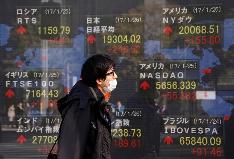 © Reuters. A man walks past an electronic board showing Japan's Nikkei average, the Dow Jones average and the stock averages of other countries' outside a brokerage in Tokyo