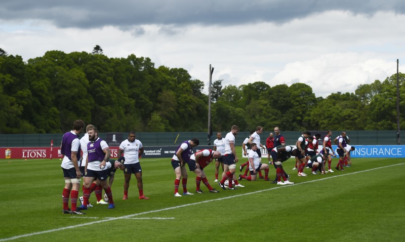 © Reuters. British & Irish Lions players during training