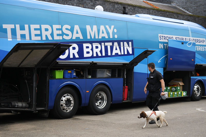 © Reuters. A police sniffer dog is used to check Britain's Prime Minister Theresa May's campaign bus as she attends an election campaign event in Wolverhampton