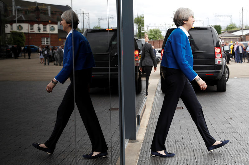 © Reuters. Britain's Prime Minister Theresa May leaves an election campaign event in Wolverhampton