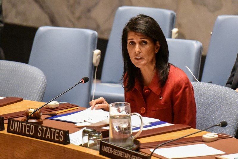 © Reuters. FILE PHOTO - United States U.N. Ambassador Nikki Haley delivers remarks at the Security Council meeting at the United Nations Headquarters