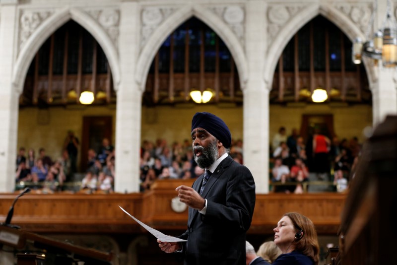 © Reuters. Canada's Defence Minister Sajjan speaks in the House of Commons in Ottawa