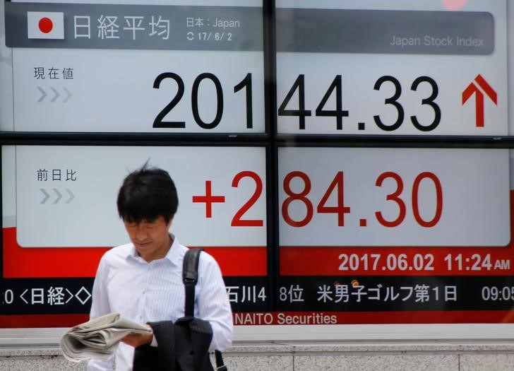 © Reuters. A man reads a newspaper in front of an electronic board showing Japan's Nikkei average outside a brokerage in Tokyo