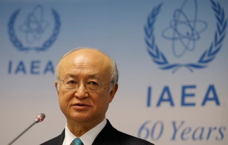 © Reuters. IAEA Director General Amano addresses a news conference in Vienna