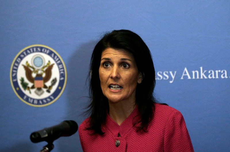 © Reuters. U.S. Ambassador to the United Nations Nikki Haley speaks to the staff at the U.S. Embassy in Ankara,