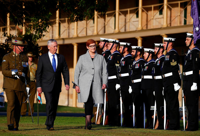 © Reuters. U.S. Secretary of Defence Jim Mattis walks with Australia's Minister for Defence Marise Payne during an inspection of an honour guard at the Australian Army's Victoria in Sydney