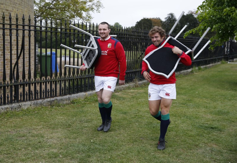 © Reuters. British & Irish Lions Ken Owens and Leigh Halfpenny