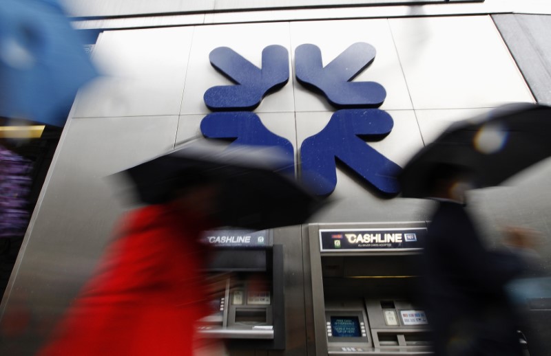 © Reuters. Morning commuters rush past a branch of RBS in London