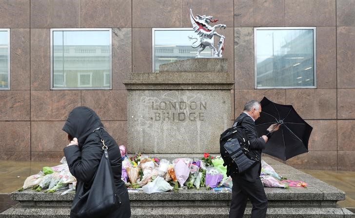 © Reuters. Pessoas passam por flores deixadas para vítimas de ataque no centro de Londres, no Reino Unido