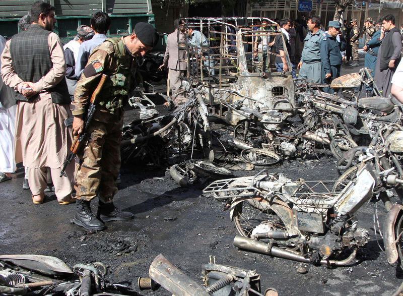 © Reuters. Afghan security force inspects at the site of a blast in Herat, Afghanistan